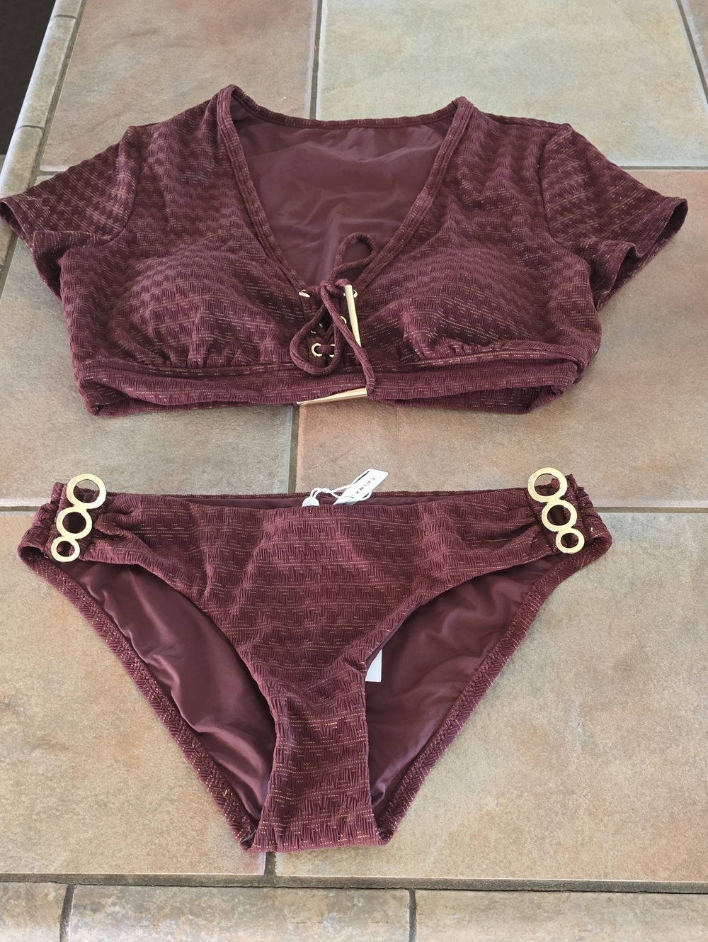 Trina Turk BrownLace-Up Short Sleeve Bikini Set with Gold Ring Accentsrun
